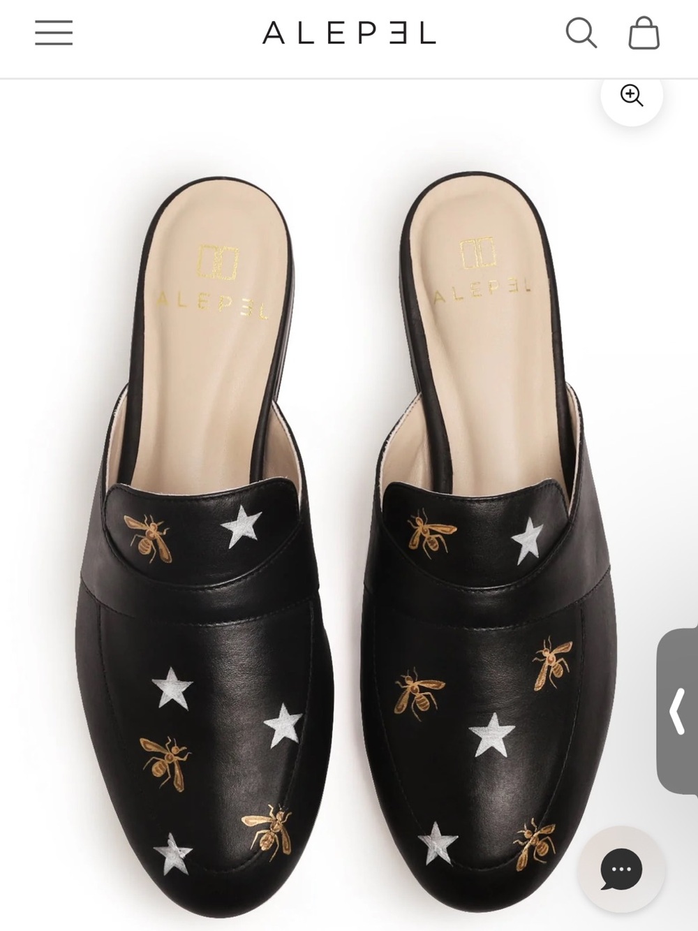 ALEPEL Metallic Bees and Stars Black Leather Mules